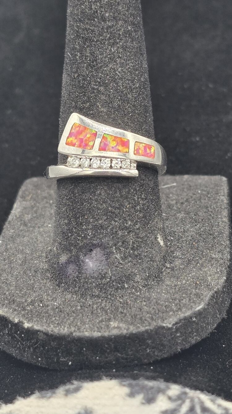 Designer T.G.I Sterling Silver Pink Opal and Topaz Bypass Ring Size 6